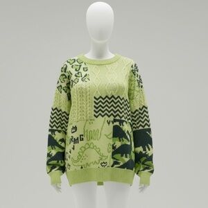 YWFG Dinosaur cable knit crew neck Eclectic Patterned Sweater M